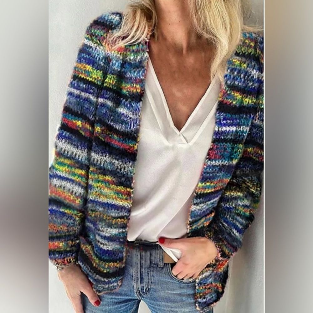 Blue open front knitted cardigan with Multicolored Stripes Pockets, Medium